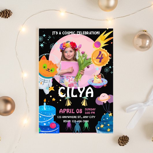 Colorful Black Space Thlethday Party Invitat Kaart