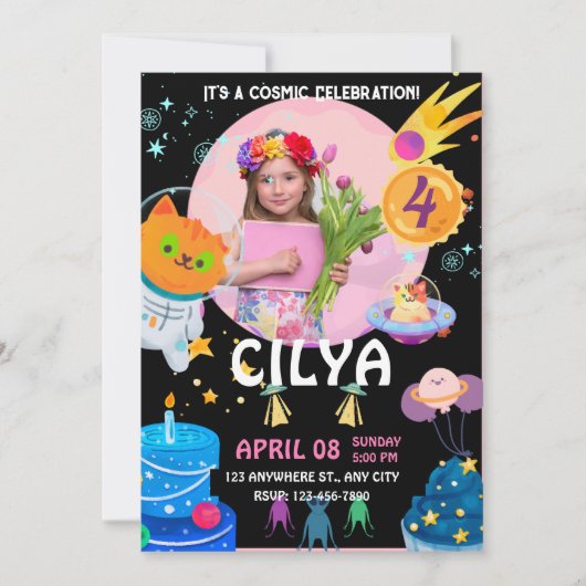 Colorful Black Space Thlethday Party Invitat Kaart (Voorkant)