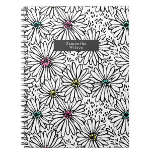 Colorful Black + White Daisies Pattern Notitieboek