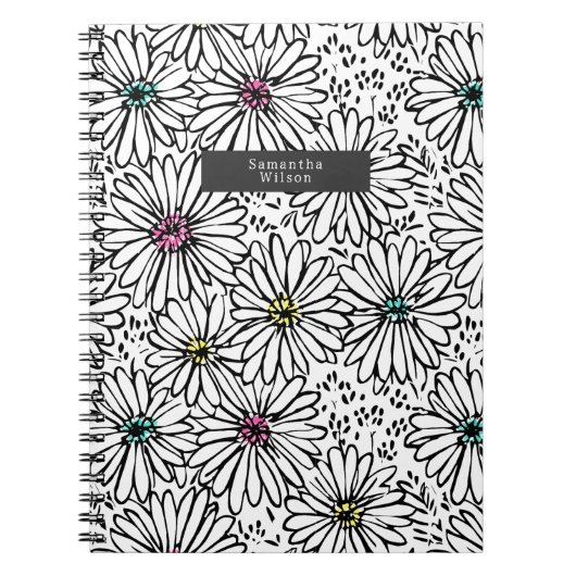 Colorful Black + White Daisies Pattern Notitieboek (Voorkant)