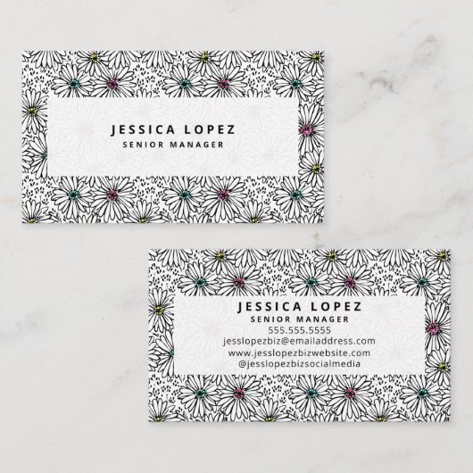 Colorful Black + White Daisy Pattern Professional Visitekaartje (Voorkant / Achterkant)