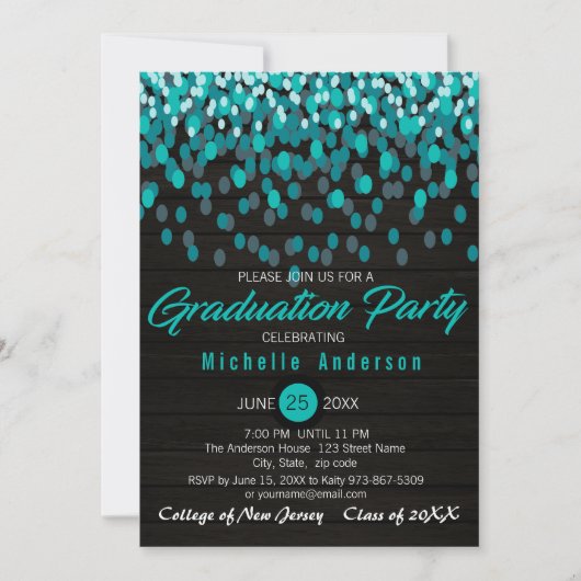 Colorful Blauwgroen Confetti Afstuderen Invitation Kaart (Voorkant)