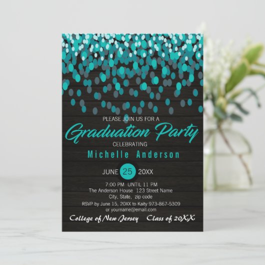 Colorful Blauwgroen Confetti Afstuderen Invitation Kaart (Staand voorkant)