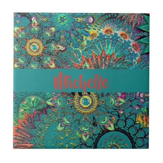 Colorful Blue Boheminan Boho Hippie Pattern Retro Tegeltje (Voorkant)