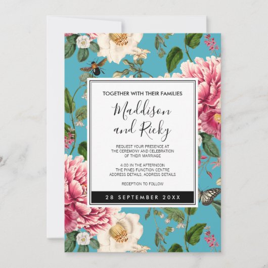 Colorful Blue Floral Garden Wedding Invitation Kaart (Voorkant)