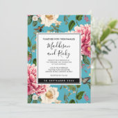Colorful Blue Floral Garden Wedding Invitation Kaart (Staand voorkant)