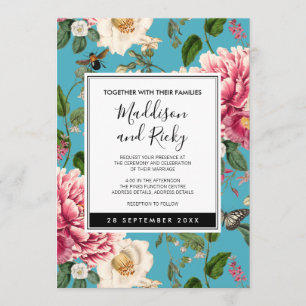 Colorful Blue Floral Garden Wedding Invitation Kaart