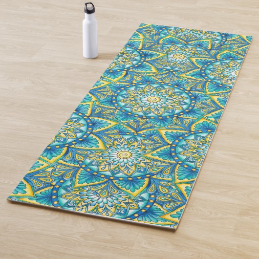 Colorful Blue Mandala Pattern Yellow Turquoise Yogamat (In situ)