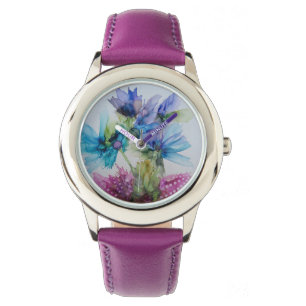 Colorful Blue Paars Pink Green Floral Art Horloge