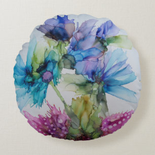 Colorful Blue Paars Pink Green Floral Art Rond Kussen