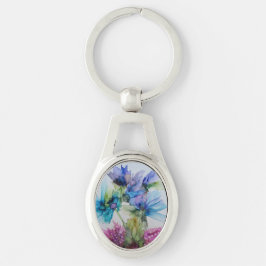 Colorful Blue Paars Pink Green Floral Art Sleutelhanger