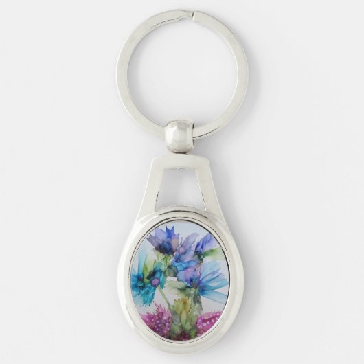 Colorful Blue Paars Pink Green Floral Art Sleutelhanger (Voorkant)