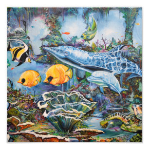 Colorful Blue Red Yellow Marine Animals Foto Afdruk