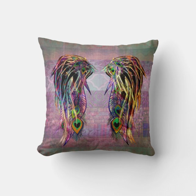 Colorful Bohemian Peacock Feather Angel Wings Kussen (Voorkant)