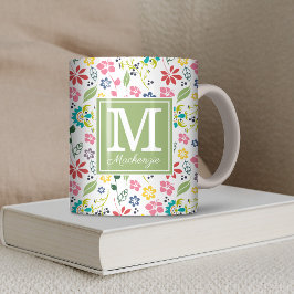 Colorful Bohemian Spring Flowers Green Monogram Koffiemok