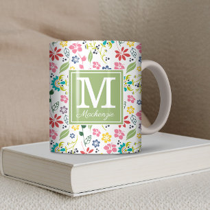 Colorful Bohemian Spring Flowers Green Monogram Koffiemok