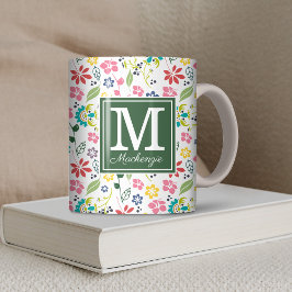 Colorful Bohemian Spring Flowers Green Monogram Koffiemok