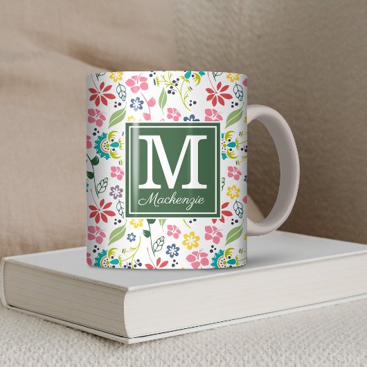 Colorful Bohemian Spring Flowers Green Monogram Koffiemok