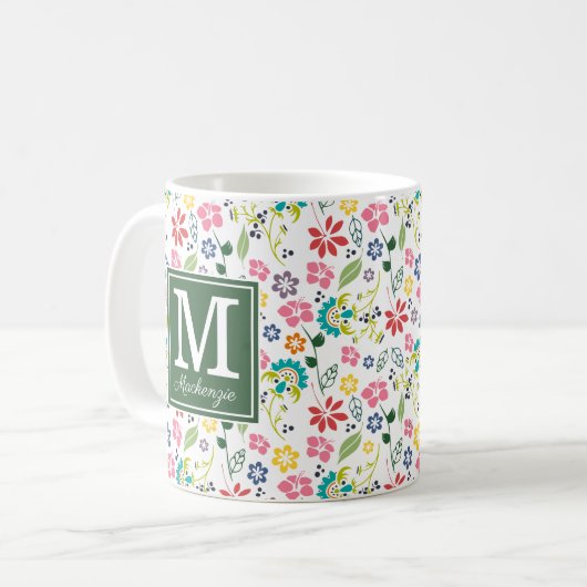 Colorful Bohemian Spring Flowers Green Monogram Koffiemok (Voorkant links)