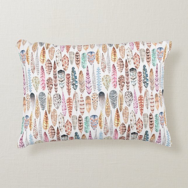 Colorful Bohemian Tribal Waterverf Feathers Accent Kussen (Voorkant)