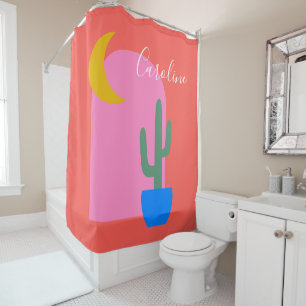 Colorful Boho Cactus Moon Shapes in Red Custom Douchegordijn