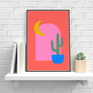 Colorful Boho Cactus Moon Shapes in Red en Roze Poster