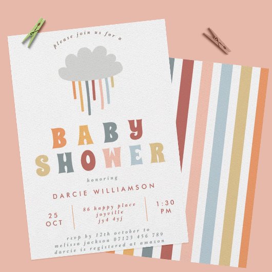 Colorful Boho Cloud Rainbow Raindrops Baby shower Kaart