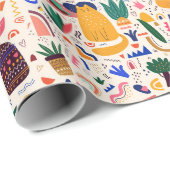 Colorful Boho Desert Cats Planten Patroon Cadeaupapier (Rol Hoek)