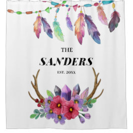 Colorful Boho Feathers and Flowers Custom Family Douchegordijn