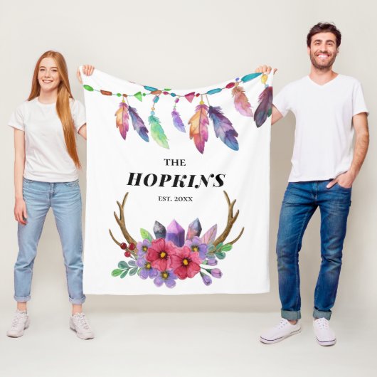 Colorful Boho Feathers and Flowers Custom Family Fleece Deken (In situ)