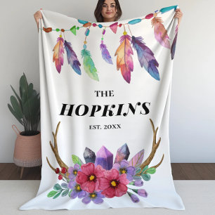 Colorful Boho Feathers and Flowers Custom Family Sherpa Deken