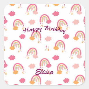 Colorful Boho Rainbow Pattern Birthday Name Vierkante Sticker