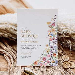 Colorful Boho Wildflower Girl Baby shower Kaart