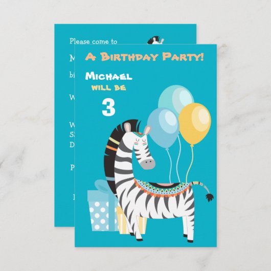 Colorful Boho Zebra Birthday Party Invitation Kaart (Voorkant / Achterkant)