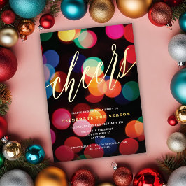 Colorful Bokeh Gold Cheers Script Holiday Party Folie Feestdagenkaart