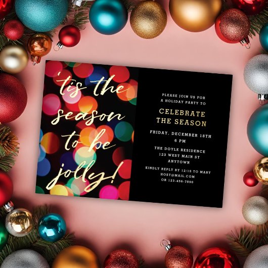Colorful Bokeh Gold Modern Script Holiday Party Folie Feestdagenkaart