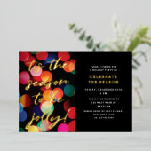 Colorful Bokeh Gold Modern Script Holiday Party Folie Feestdagenkaart (Staand Voorkant)