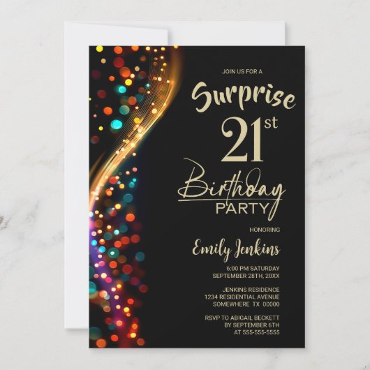 Colorful Bokeh Surprise 21st Birthday Party Kaart (Voorkant)