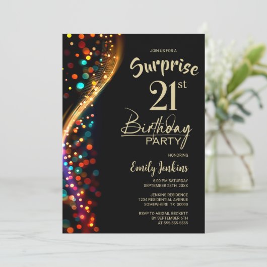 Colorful Bokeh Surprise 21st Birthday Party Kaart (Staand voorkant)
