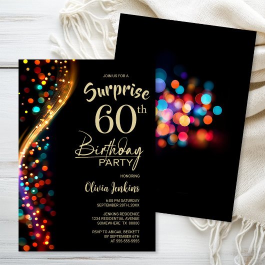 Colorful Bokeh Surprise 60th Birthday Party Kaart