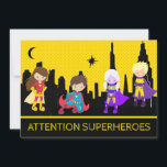 *~* Colorful Bold SUPERHEROS Kids Birthday Party Kaart<br><div class="desc">*** COLORFUL BOLD SUPERHEROES Cute Fun Whimsical BIRTHDAY PARTY INVITATION. De kleine kunnen zich verkleden als hun superfavoriete SUPERHERO.Er zijn vier Superheros tegen een SKYLINE CITYSCAPE. De hemel is een opzichtige BOLD GOLD EN GEEL POLKA DOT PATTERN. Dit is een genderneutrale uitnodiging voor verjaardagsfeestjes. ZEKER OM HET GENDER tussen zijn...</div>