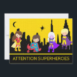 *~* Colorful Bold SUPERHEROS Kids Birthday Party Kaart<br><div class="desc">*** COLORFUL BOLD SUPERHEROES Cute Fun Whimsical BIRTHDAY PARTY INVITATION. De kleine kunnen zich verkleden als hun superfavoriete SUPERHERO.Er zijn vier Superheros tegen een SKYLINE CITYSCAPE. De hemel is een opzichtige BOLD GOLD EN GEEL POLKA DOT PATTERN. Dit is een genderneutrale uitnodiging voor verjaardagsfeestjes. ZEKER OM HET GENDER tussen zijn...</div>