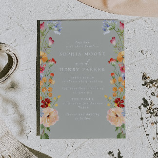 Colorful Bold Wildflowers Sage Wedding Kaart