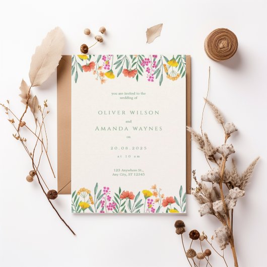 Colorful Botanical Frame Wedding Invitation Kaart