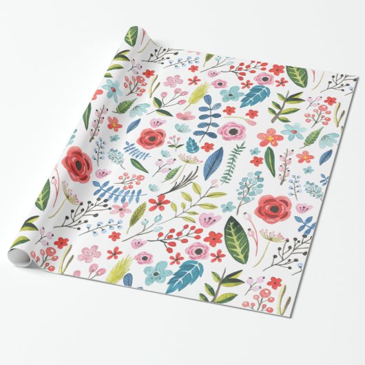 Colorful Botanical Leafs & Flowers Pattern Cadeaupapier (Uitgerold)