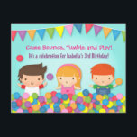 Colorful Bounce Gym Kids Birthday Party Kaart<br><div class="desc">Als je een feestje plant op de speelsportschool of op de schietbaan, krijg je kinderen gasten die enthousiast zijn voor het feest om mee te komen met deze uitnodiging van het verjaardagsfeest! Het ontwerp heeft schattige kleine kinderen die glanzend spelen in de kleurrijke balletje. Een passende kleurrijke bundelvlag hangt boven...</div>