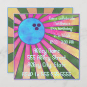 Colorful Bowling Birthday Party Invite Retro 80s Kaart (Voorkant / Achterkant)