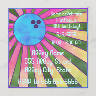 Colorful Bowling Birthday Party Invite Retro 80s Kaart