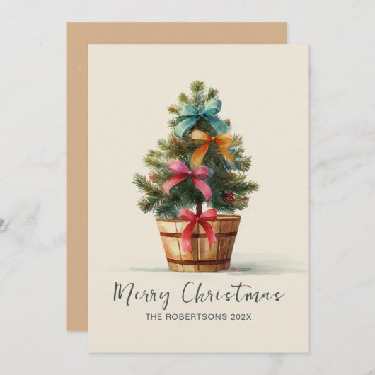 Colorful Bows Rustic Christmas Tree Feestdagenkaart (Voorkant / Achterkant)