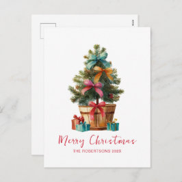 Colorful Bows Rustic Christmas Tree Postcard Feestdagenkaart